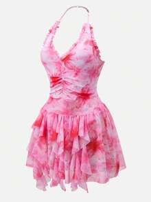 Bellisia Women's Summer Beach Floral Print Ruffle Trim Halter Neck Swimdress Birthday Dress Sexy Summer Pink Tea Party Dress Flamingo Dress Dress Pink Pink Birthday Outfit Women - Multicolor - View 9