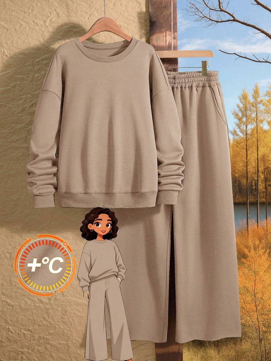 Rusticease Conjunto de 2 piezas de sudadera holgada de hombros caídos y pantalón ancho de felpa, unicolor, forrado térmico, para mujer talla grande, uso casual y diario, otoño/invierno - Marrón - Ver 1