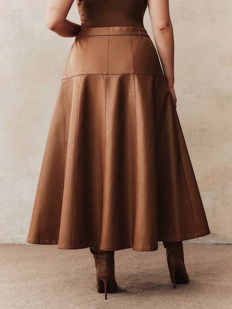 Plus Size Women's New PU Brown A-Line Flared Street Style Elegant Skirt, Suitable For Concerts