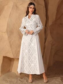 Al Najma 2025新款中东长袍，亮片压花刺绣腰部正式礼服，奢华沙特阿拉伯长袍 - 白色 - 查看 5