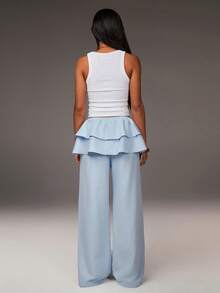 Athîral 女士休闲浅蓝色蛋糕裙，二合一设计，搭配阔腿裤，弹性腰带，宽松版型，舒适柔软的梭织缎面面料，适合夏季、春季、海滩、休闲度假等各种场合。 - 淺藍色 - 查看 4