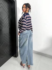 Shopreo Women's Autumn Retro Striped Turtleneck Sweater - Navy Blue - View 2