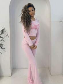 RebeccaVibe Fuchsia Bowknot Decor Fitted T-Shirt And Bell-Bottom Pants 2pcs Set Women 2 Pieces Lounge Set Long Sleeve Two Pieces Set Women Loungewear Set - Pink - View 6