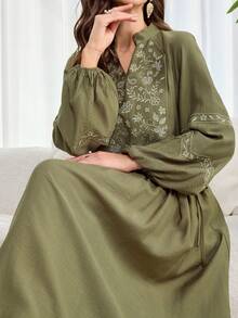 Al Najma Women's Elegant Commuter Floral Embroidered Arabic Style Dress - Olive Green - View 2