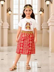 SHEIN 2 pièces/Set Jeune fille Impression de fille mignonne T-shirt à col rond à manches courtes et jupe tissée imprimée à franges de perles florales Tenue décontractée, Printemps/Été - Rouge - Voir 3