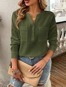 EMERY ROSE Camisa casual de mujer de unicolor con cuello en V y hombros caídos - Verde militar - Ver 3