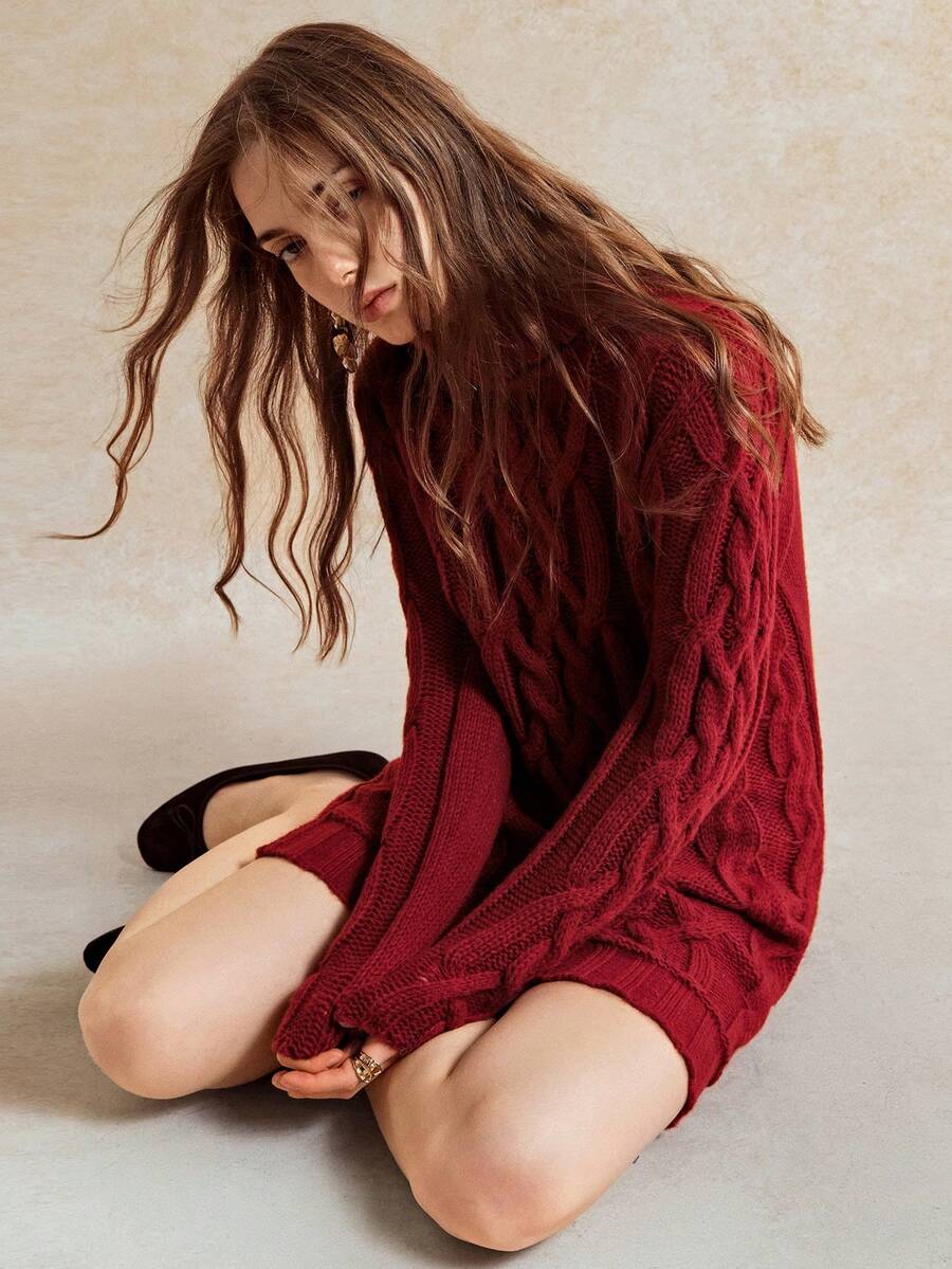 Écloséra Women's Turtleneck Straight Fit Loose Knit Sweater Dress, Simple & Versatile Fashion - Burgundy - View 1