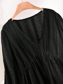 CosyJoli 女式加大码 V 领长袖收腰纹理棕色长袖 T 恤，休闲百搭日常穿着 - 黑色 - 查看 6