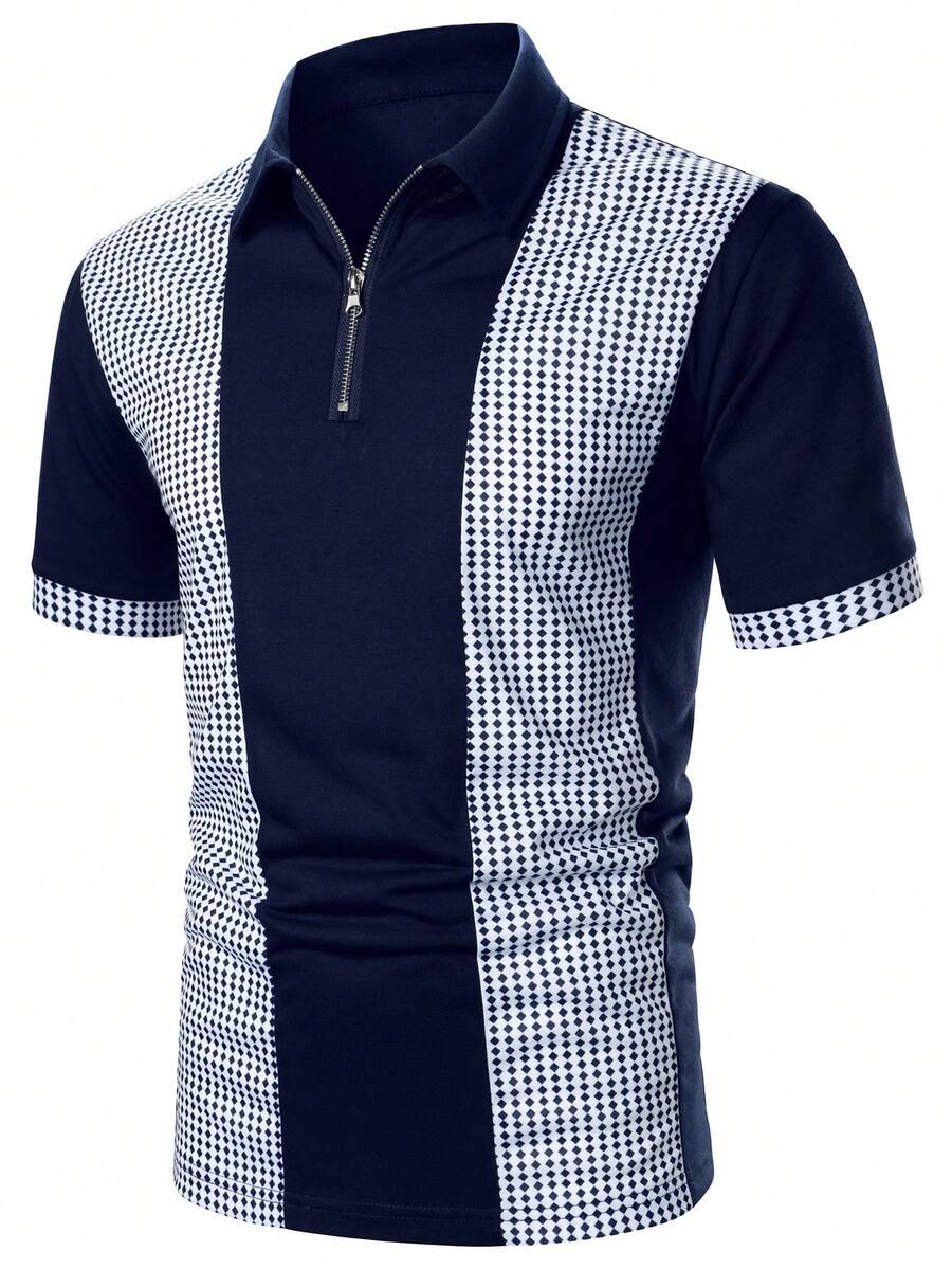 Manfinity Mode 男士几何图案短袖休闲通勤 Polo 衫 男士休闲上衣 男士蓝白衬衫 男士时尚衬衫 拉链 Polo 衫 男士夏季服装 - 藏蓝色 - 查看 1
