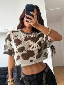 Coolane Áo thun crop top lưới in họa tiết bò sữa cổ điển - Đen và trắng - Xem 3