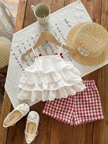 Babygirl Summer Cute Vacation Ruffle Camisole Top And Plaid Shorts Set
