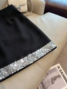 Franclia 时尚高端亮片拼接紧身迷你裙，高腰显瘦女裙，春夏款 - 黑色 - 查看 3