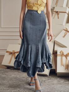 Anewsta Autumn Washed Fashionable Elegant Versatile Asymmetric Denim Skirt, Bodycon Fishtail Denim Skirt For Women - Blue - View 4