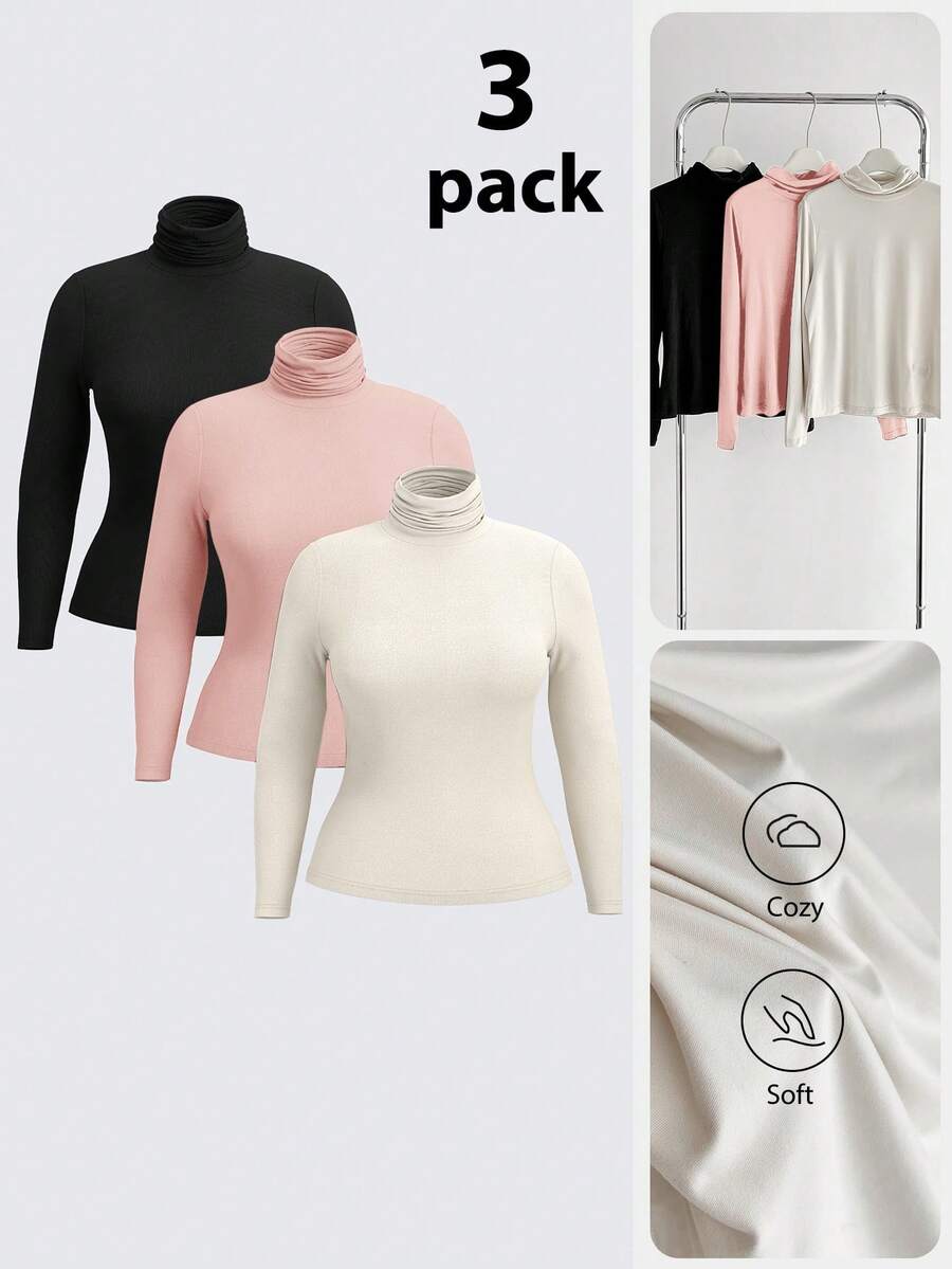 SHEIN BASICS 3pcs/Set Women's Casual Black Autumn Everyday Turtleneck Tops,Solid Color Knit Slim Fit Long Sleeve Multipack Plus Size T-Shirts Poloneck Regular Fit
