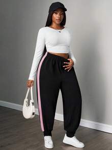 SHEIN PETITE CURVE Quần nỉ có đường may bên hông tương phản, tốt nghiệp, trang phục trở lại trường, tốt nghiệp, trang phục giáo viên dành cho nữ, trở lại trường - Hồng - Xem 5