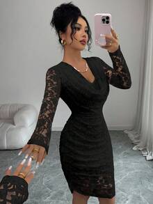 Modelyn Elegant Party Draped Neck Ruffle White Chenille Lace Mini Dress, Autumn/Winter - Black - View 6