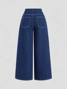 SHEIN MOD 女士休闲褶裥阔腿牛仔裤，新年优雅派对牛仔裤，度假蓝色时尚阔腿牛仔裤 - 深色水洗藍 - 查看 2