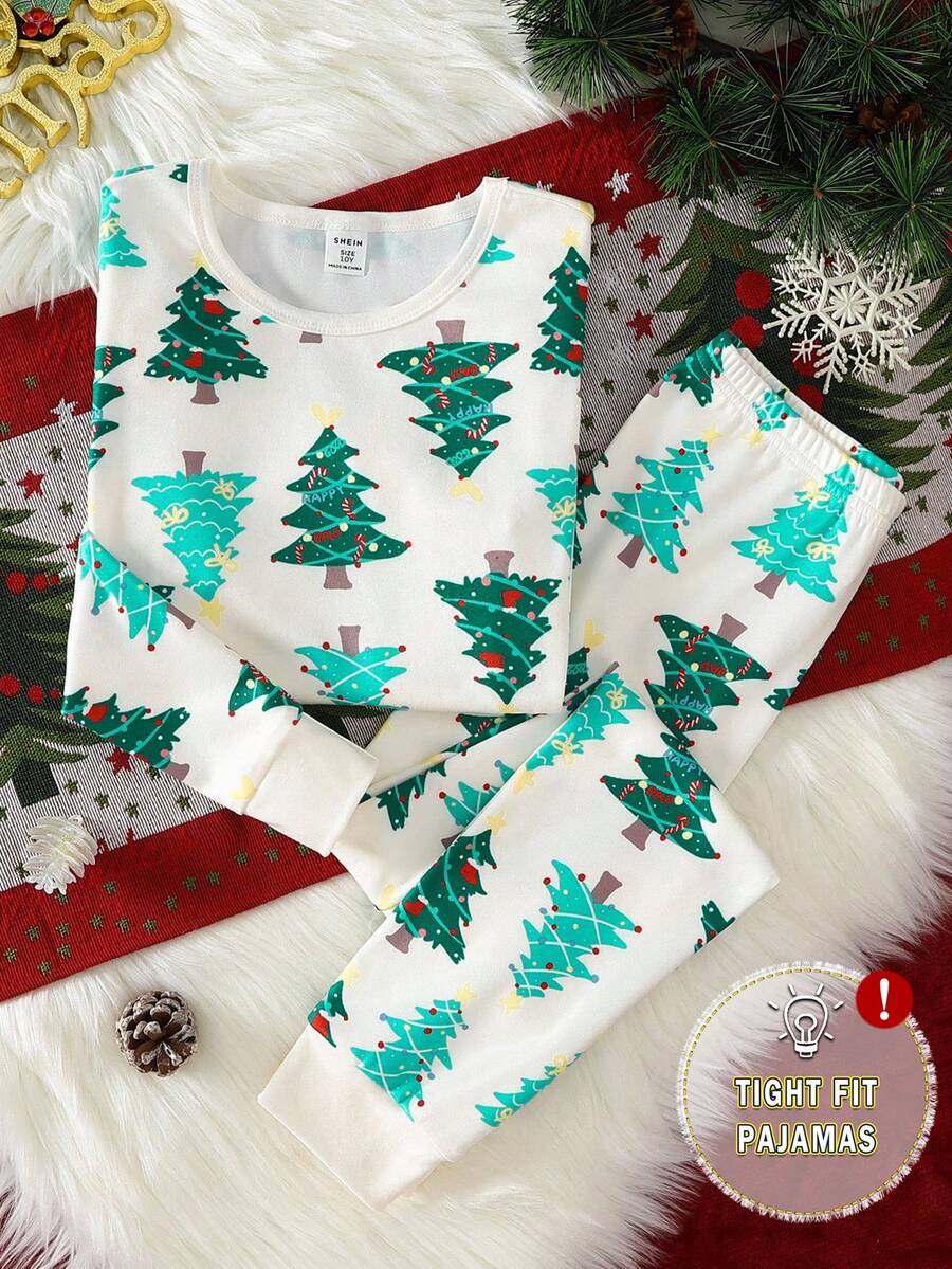 2 件套男童圣诞树印花针织弹力面料舒适柔软圆领长袖上衣和裤子舒适贴身睡衣套装 - 彩色 - 查看 1