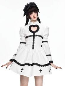 ROMWE Gothic Heart Cross A-Line Contrast Lace Trim White Lolita Dress - White - View 1