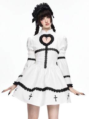 Gothic Heart Cross A-Line Contrast Lace Trim White Lolita Dress