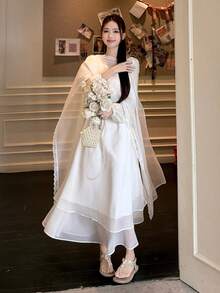 DAZY 女士休闲韩版蝴蝶结优雅派对生日仙女披肩两件套长裙吊带裙 - 白色 - 查看 9