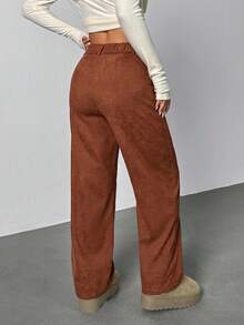 SHEIN PETITE 女式休闲百搭纯色直筒裤 - 棕色 - 查看 5