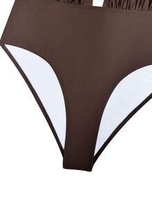 Swim Chiccia Women's Summer New Solid Color Halter Tie Backless Ruched One-Piece Swimsuit - Brown - View 4