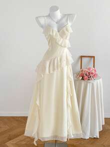 Comfortcana Women's Elegant Solid Color Ruffle Strap Dress, Summer Long Birthday Dress - Apricot - View 3