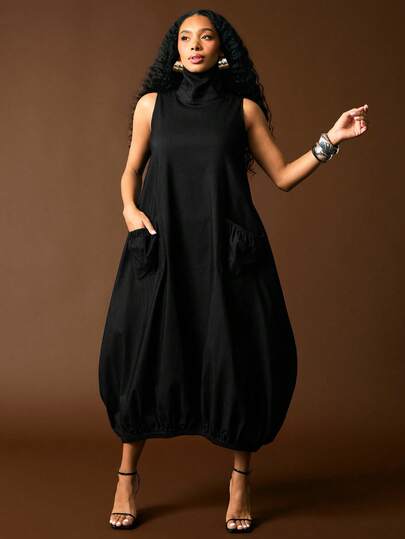 Vixey Vestido estructurado de tejido con cuello alto, sin mangas y dobladillo recogido