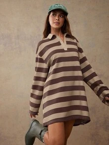 WESTFADE Striped Waffle Knit Long Sleeve Mini Polo Dress - Coffee Brown - View 4