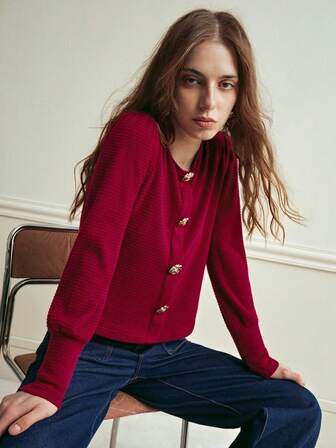 Écloséra 女士复古法式圆领假门襟3D花卉装饰纽扣袖口长袖T恤