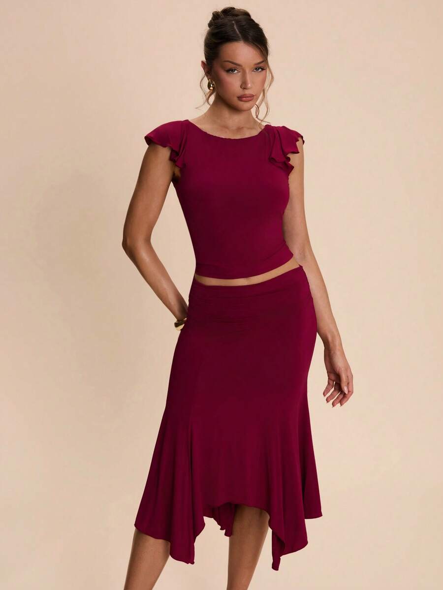 SHEIN BAE Red Backless Ruffle Sleeve Tight Top & Low Waist Asymmetrical Hem Skirt, Red 2-Piece Set, Red Set,Ladies Casual Suit, Summer Holiday Outfits, Valentine's Day,Spring Break Outfits,Women's Summer Set - Red - View 1