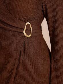 Elaquor Plus Size Solid Color Wrap Dress, Suitable For Commuting Plus Size Brown Dress - Coffee Brown - View 4