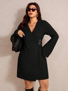 Elaquor Vestido envolvente de unicolor talla grande, adecuado para ir al trabajo - Negro - Ver 3