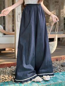 DAZY Pantalones anchos y sueltos de efecto denim con dobladillo con volantes para mujer - Azul - Ver 4