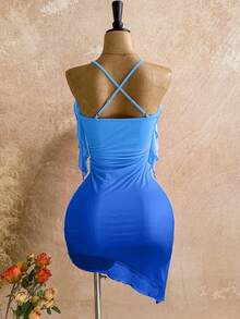 Soleia 女士渐变橙色日落水钻花卉荷叶边迷你连衣裙，适合度假、约会、下午茶、海滩、邮轮、海岛度假、城市旅行、音乐节、波西米亚风度假、派对等场合，可内穿或外穿，沙滩套装 - 藍色 - 查看 2