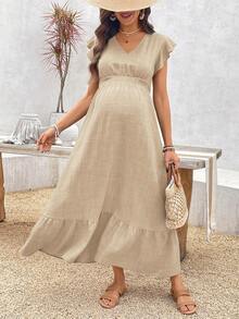 SHEIN Maternity Summer Casual Vacation Style Solid Color Shirred Ruffle Armhole Drawstring Waist Ruffled Hem Dress - Apricot - View 7
