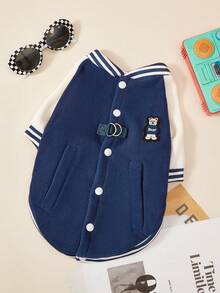 PETSIN 1件宠物猫狗通用时尚帅气蓝色休闲学院风棒球夹克，带天鹅绒内衬，舒适可拉袢狗狗外套 - 藍色 - 查看 3