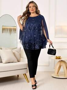 SHEIN CURVE+ Áo sơ mi nữ cỡ lớn cổ tròn tay dài, kiểu dáng thường ngày, thích hợp cho tiệc tùng, chất liệu vải bóng. - Màu xanh hải quân - Xem 5