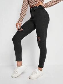 SHEIN PETITE Distressed Skinny Fit Pencil Leg Jeans - Black - View 4