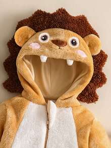 SHEIN 新生儿可爱毛绒狮子造型套装，刺绣狮子帽，长袖连体裤，婴儿服装套装 - 棕色 - 查看 6