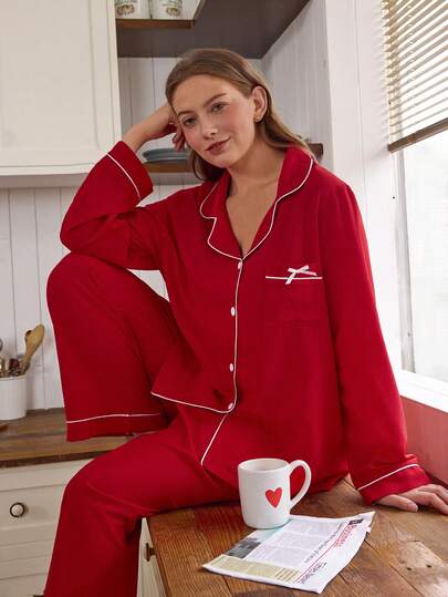 Doze Lane Plus Size Women Contrast Trim Bow Decor Pocket Long Sleeve Pajama Set Red Pajama Set Red Sleepwear Women's Lounge Wear Sets Sleep Wear Women 2 Pieces Set Red Pj Set Women