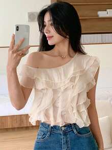 DAZY Áo kiểu trễ vai xếp ly màu trơn thời trang dành cho nữ - Màu be - Xem 2