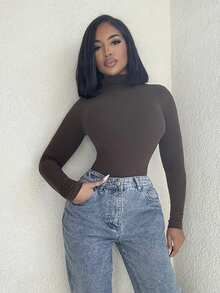 Alexandranx Brauner Mokka-Bodysuit aus bequemem, gestricktem Kaschmir in Slim Fit für Damen, einfache Basic-Oberteile, Ausgeh-Outfits, Langarm-Oberteile für Damen, Business-Casual-Damen, Winterkleidung für Damen, Herbstkleidung für Damen - Kaffeebraun - Übersicht 6