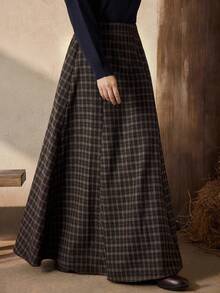 SHEIN PETITE Women's Minimalist Pleated Elastic Waist Midi Skirt, Vintage Plaid Pattern, Suitable For Office Commute, All Seasons