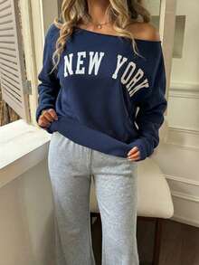 SHEIN Teen Girls Off-Shoulder Letter Print Navy Blue Sweatshirt And Grey Flare Pants Set, Autumn/Winter Outfit - Navy Blue - View 6