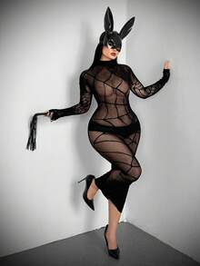 Whyspr Plus Size Women Sexy Long Sleeve Hollow Out Dress Valentines Casual Punk - Black - View 4