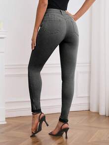 SHEIN Frenchy 女士时尚水洗斜插口袋修身牛仔裤 - 灰色 - 查看 2