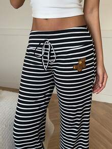 CovetEZ Women's Clothing 2026 New Style Home Casual Black And White Striped Cute Bear Pattern Plush Embroidery Low Waist Wide Leg Striped Long Pants Women's Casual Pants - Black and White - View 4