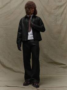 Musero Boxy Fit Long Sleeve Leather Collard Button Up Shirt Jacket Hidden Placket Detailing Fall SPRING SUMMER - Black - View 3